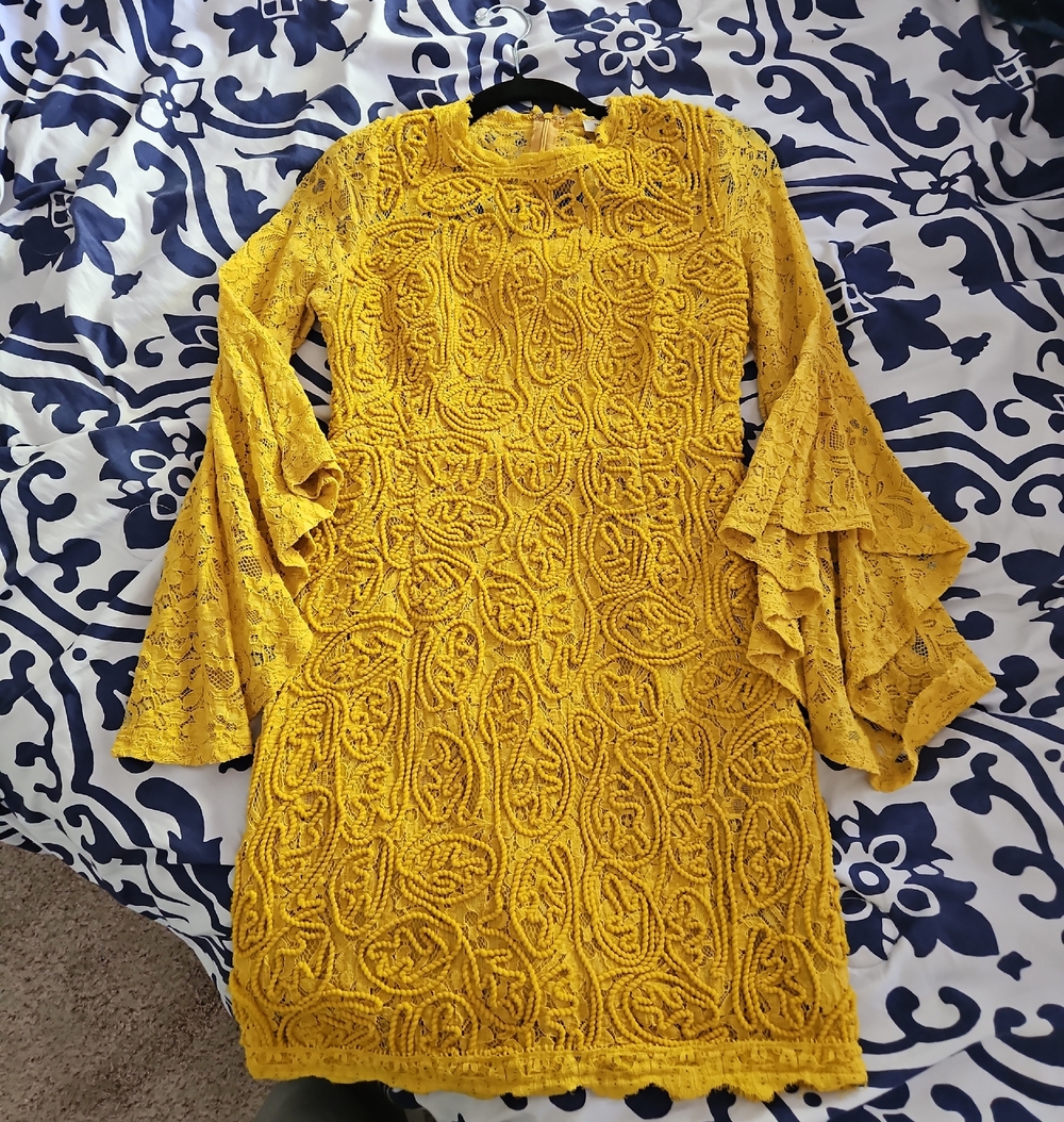Women's Western Mustard Lace Long-Sleeve Bell-Sleeve Dress
